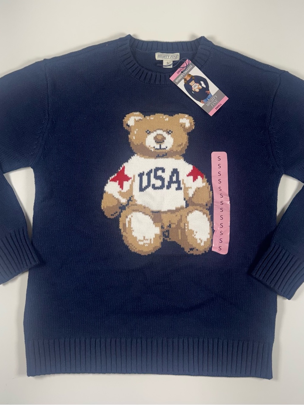 Mighty Fine Navy Crewneck Sweater with Teddy Bear USA Intarsia